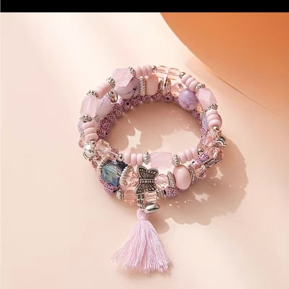Jewelry - 3pcs Bohemian Butterfly Pendant Tassel Beaded Elastic Multi-layer bracelet